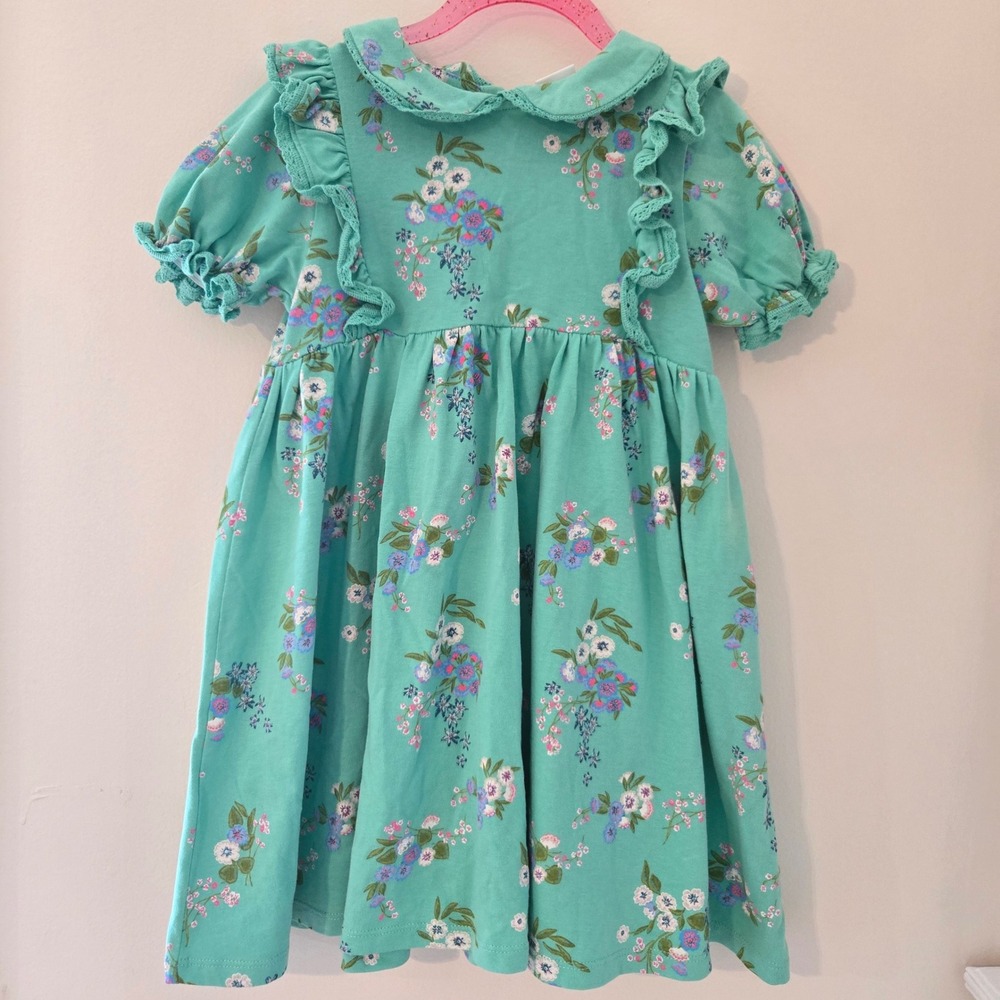 Next Kids Girls Mint Green Floral Cotton Ruffle Dress Peter Pan Collar 4-5Y
